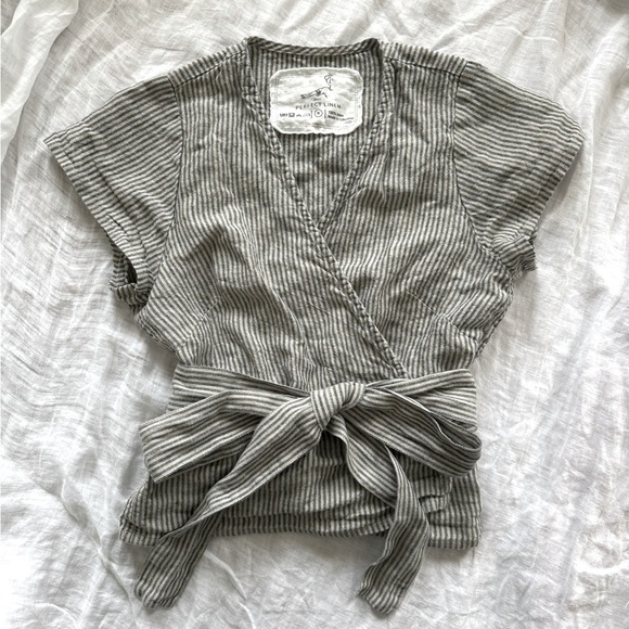 notPERFECTLINEN Tops - notPERFECTLINEN Madrid Linen Wrap Top | Natural-Grey Stripes | Size S